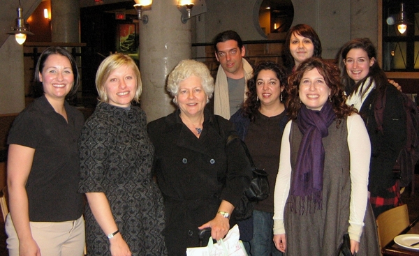 Paula Caplan visits the PFV team in Toronto. Front row, left to right, Laura Ball, Alexandra Rutherford, Paula Caplan, Lisa Held, Leeat Granek. Back row, left to right, Kristian Weihs, Tera Beaulieu, Michelle Leve.